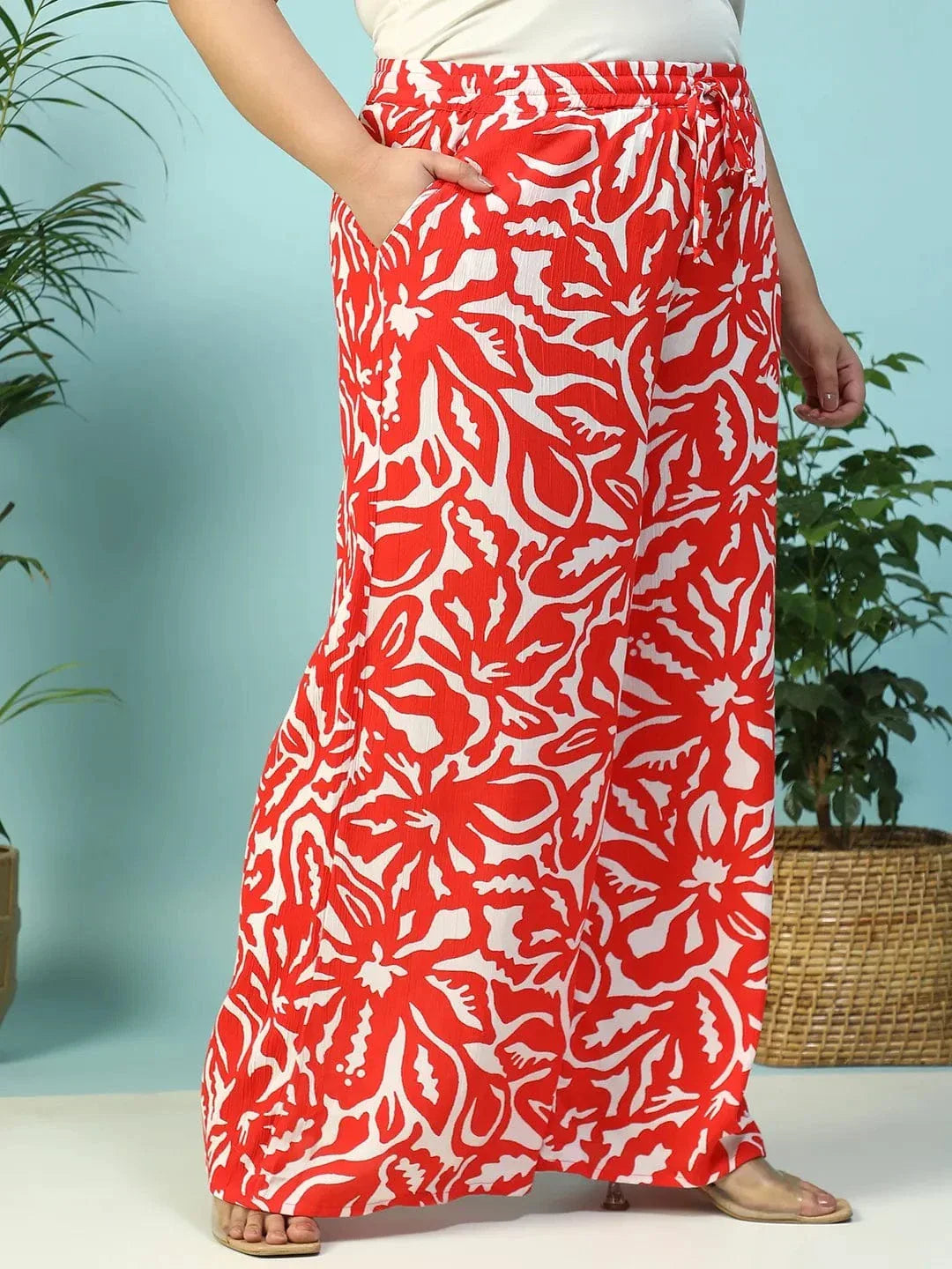 Ruby Red Floral Print Flared Elasticated Waist With Tie-Up Detail Plus Size Women Pant - oxolloxo