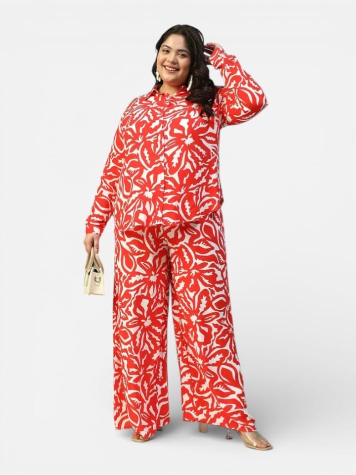 Plus Size Red Floral Print Pant