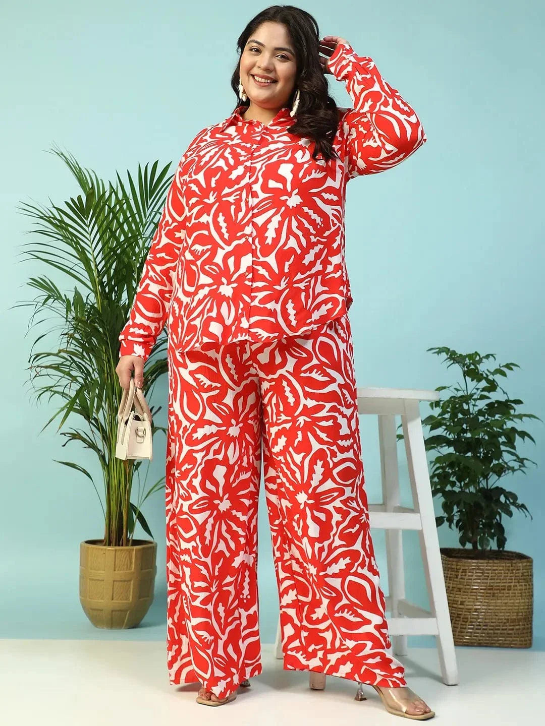 Ruby Red Floral Print Flared Elasticated Waist With Tie-Up Detail Plus Size Women Pant - oxolloxo