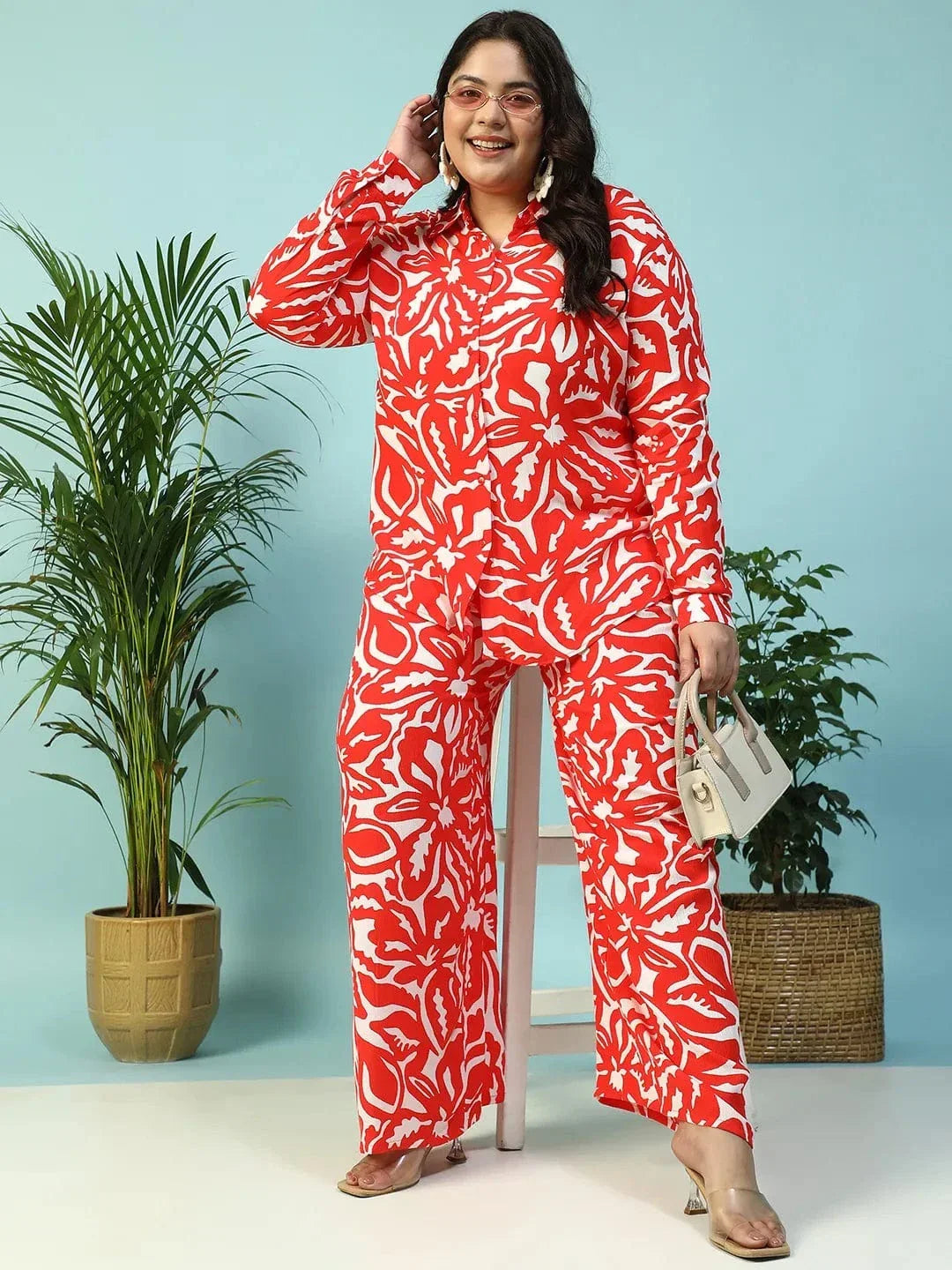 Ruby Red Floral Print Flared Elasticated Waist With Tie-Up Detail Plus Size Women Pant - oxolloxo