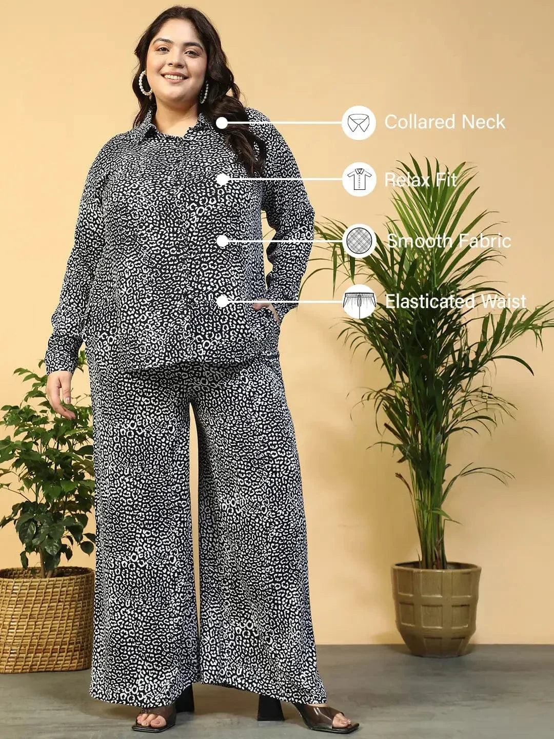 roar-black-animal-print-collared-shirt-with-flared-pants-plus-size-women-co-ord-set