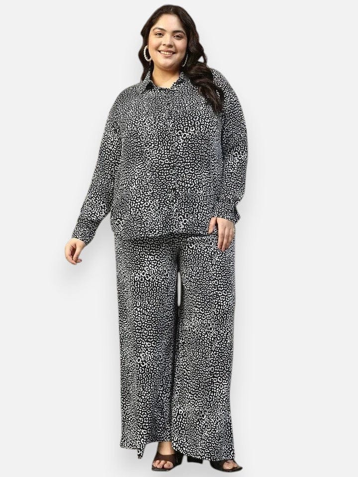 roar-black-animal-print-collared-shirt-with-flared-pants-plus-size-women-co-ord-set