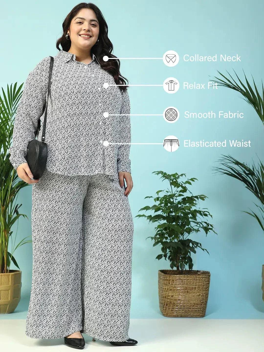 Savage White Animal Print Collared Shirt with Flared Pants Plus Size Women Co-ord Set - oxolloxo