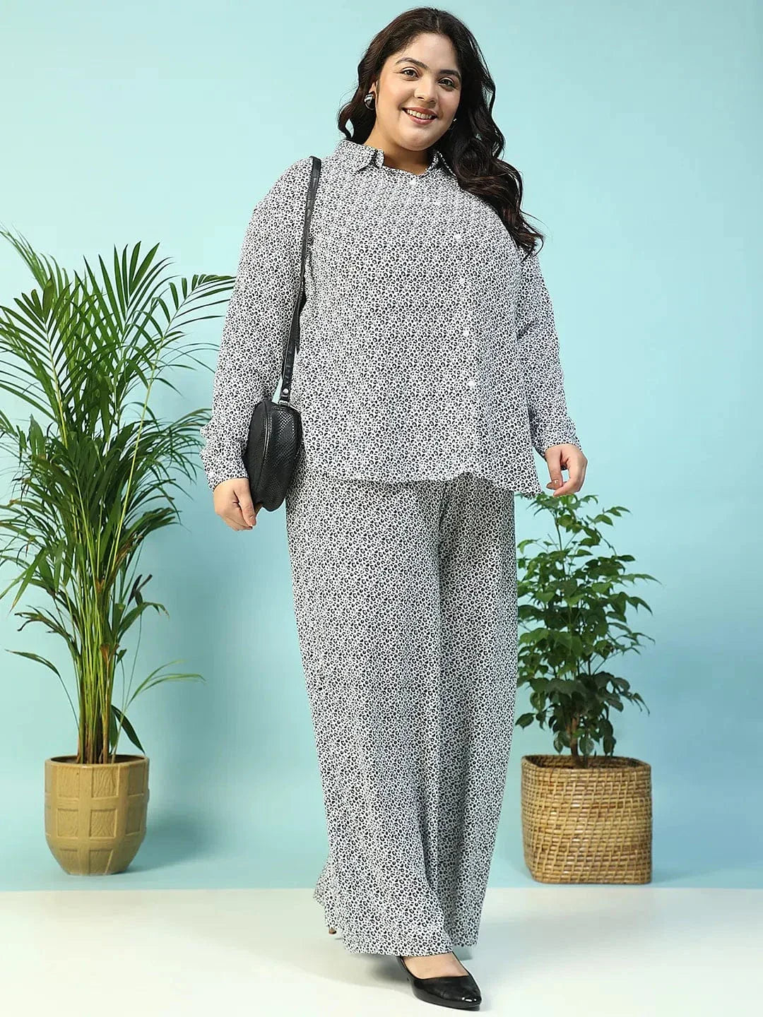 Savage White Animal Print Collared Shirt with Flared Pants Plus Size Women Co-ord Set - oxolloxo