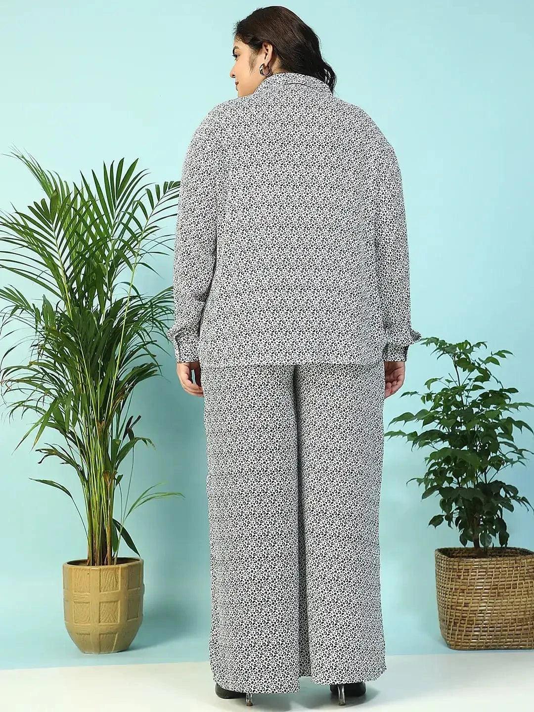 Savage White Animal Print Collared Shirt with Flared Pants Plus Size Women Co-ord Set - oxolloxo