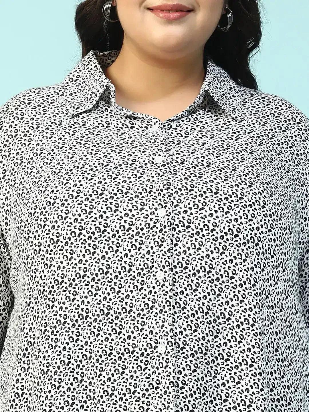 Savage White Animal Print Collared Shirt with Flared Pants Plus Size Women Co-ord Set - oxolloxo