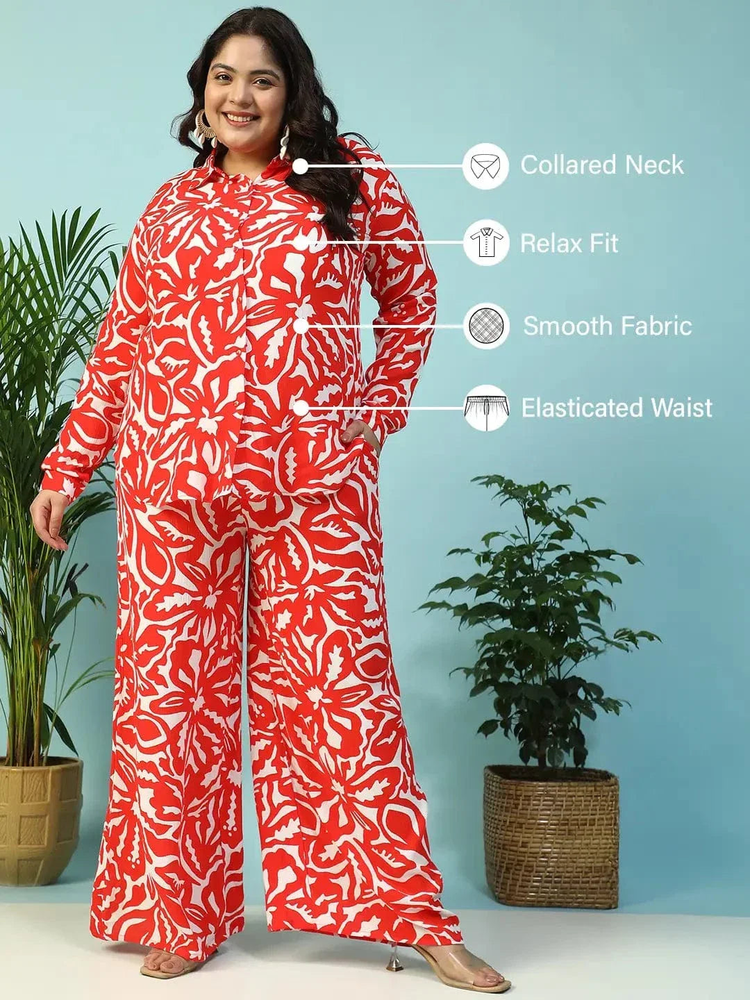 Instinct Red Floral Print Collared Shirt with Flared Pants Plus Size Women Co-ord Set - oxolloxo