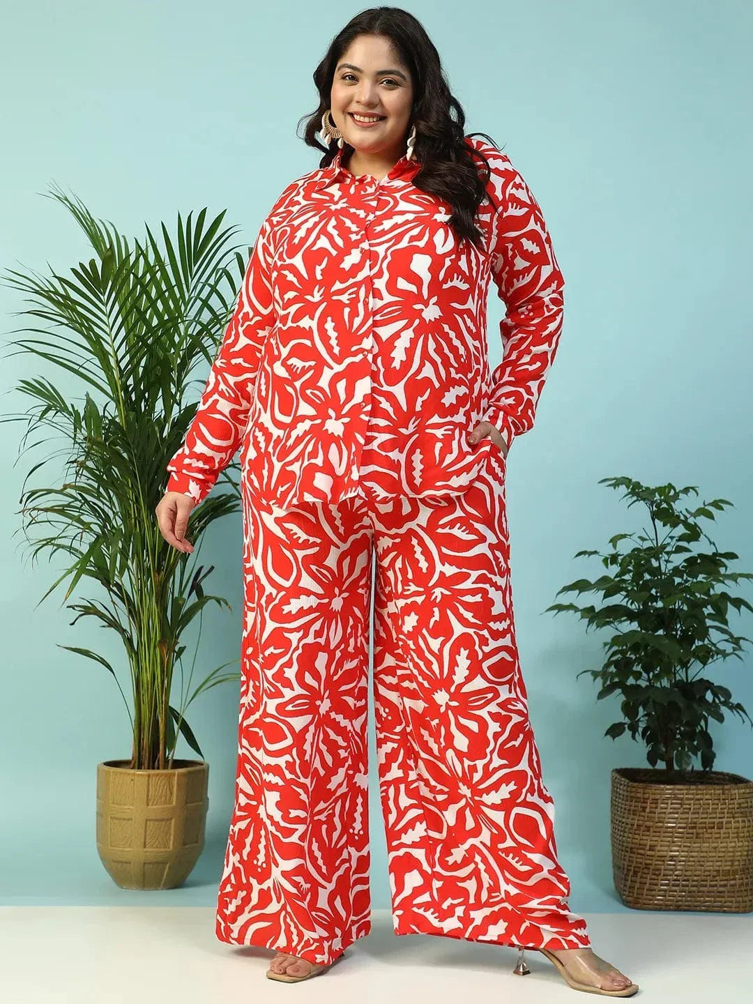 Instinct Red Floral Print Collared Shirt with Flared Pants Plus Size Women Co-ord Set - oxolloxo