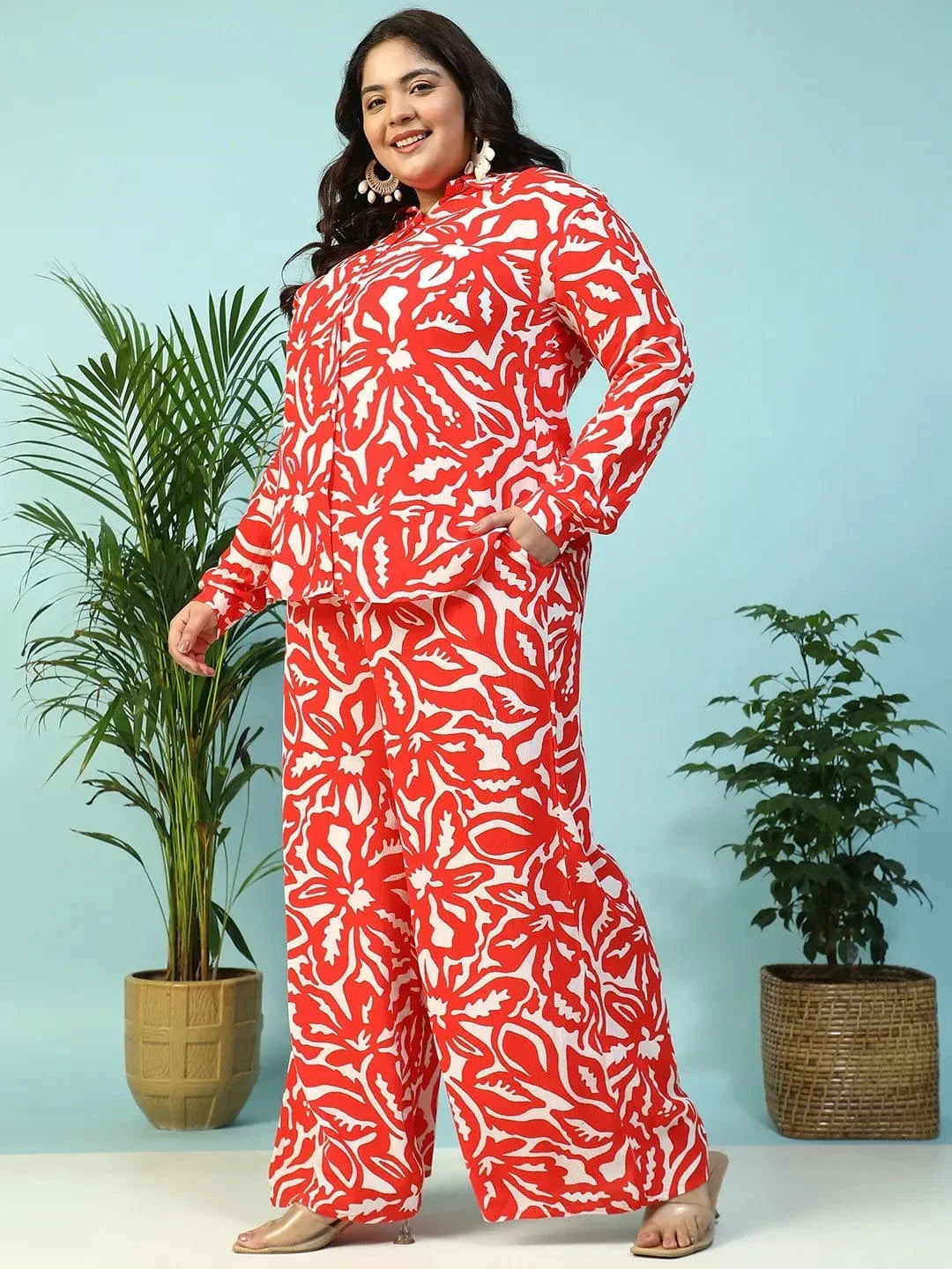 Instinct Red Floral Print Collared Shirt with Flared Pants Plus Size Women Co-ord Set - oxolloxo