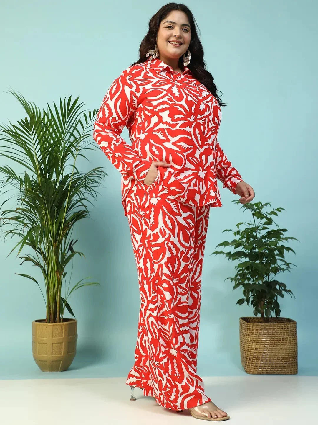 Instinct Red Floral Print Collared Shirt with Flared Pants Plus Size Women Co-ord Set - oxolloxo