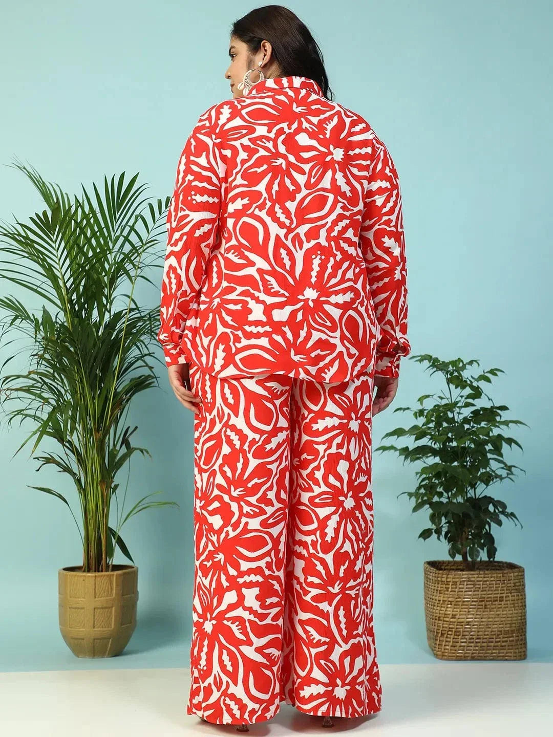 Instinct Red Floral Print Collared Shirt with Flared Pants Plus Size Women Co-ord Set - oxolloxo