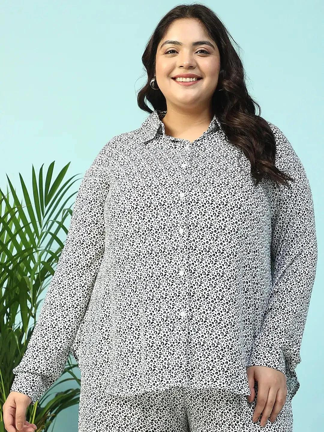 Twilight Black Animal Print Collared Long Sleeve Button Down Women Plus Size Women Shirt - oxolloxo