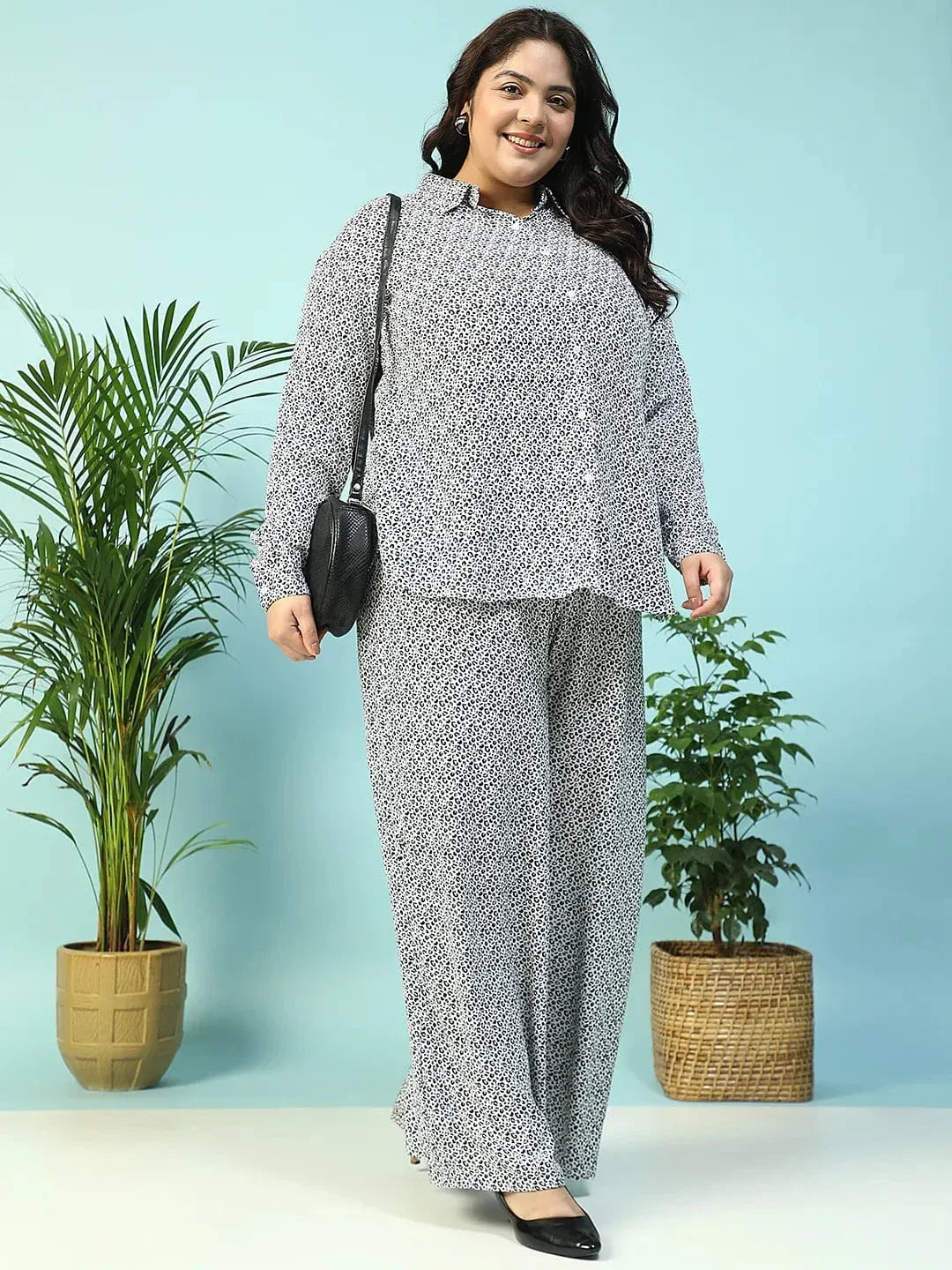 Twilight Black Animal Print Collared Long Sleeve Button Down Women Plus Size Women Shirt - oxolloxo