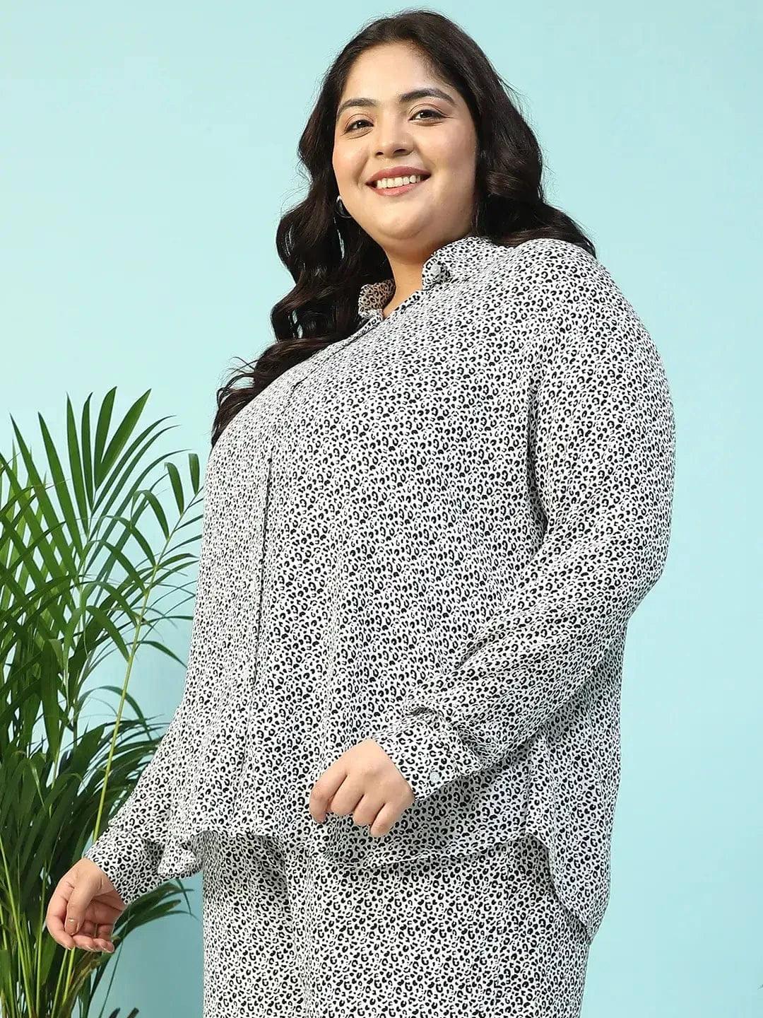 Twilight Black Animal Print Collared Long Sleeve Button Down Women Plus Size Women Shirt - oxolloxo