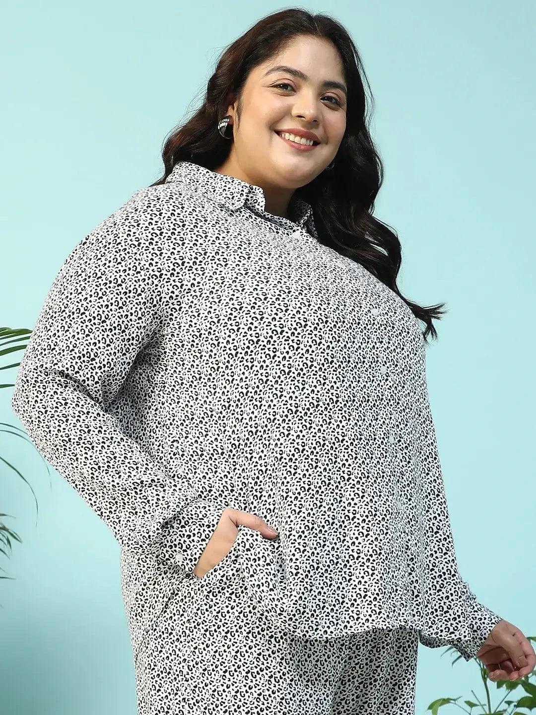 Twilight Black Animal Print Collared Long Sleeve Button Down Women Plus Size Women Shirt - oxolloxo