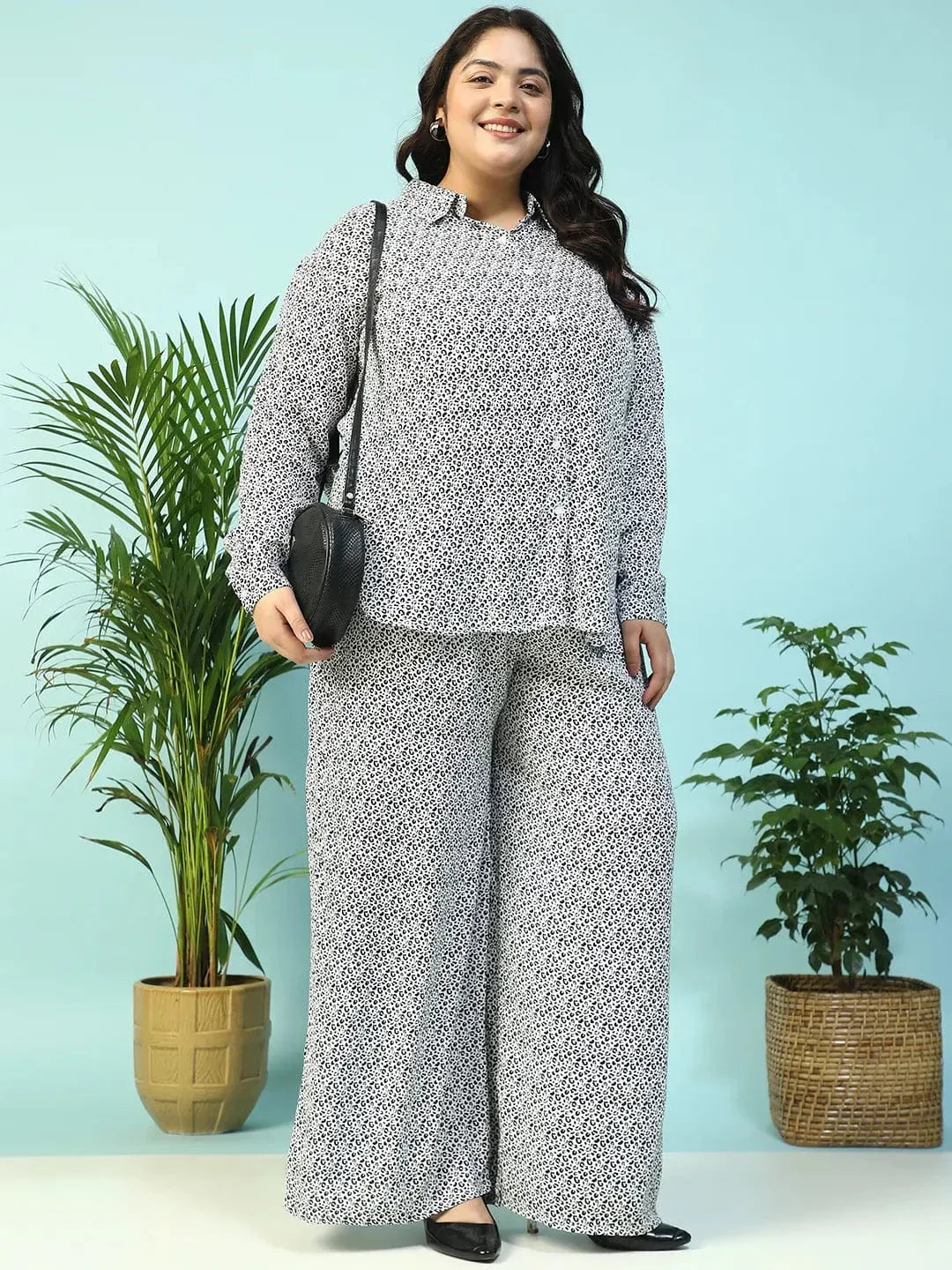 Twilight Black Animal Print Collared Long Sleeve Button Down Women Plus Size Women Shirt - oxolloxo