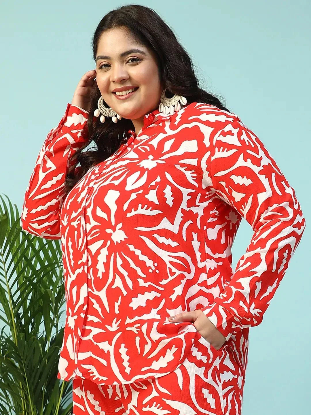 Hot Red Floral Print Collared Long Sleeve Button Down Plus Size Women Shirt - oxolloxo