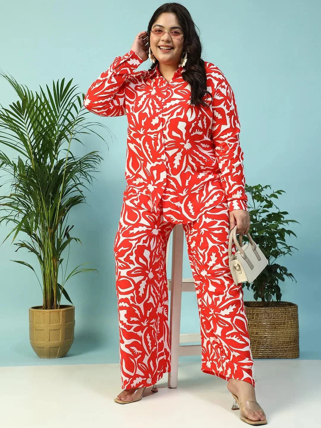 Hot Red Floral Print Collared Long Sleeve Button Down Plus Size Women Shirt - oxolloxo