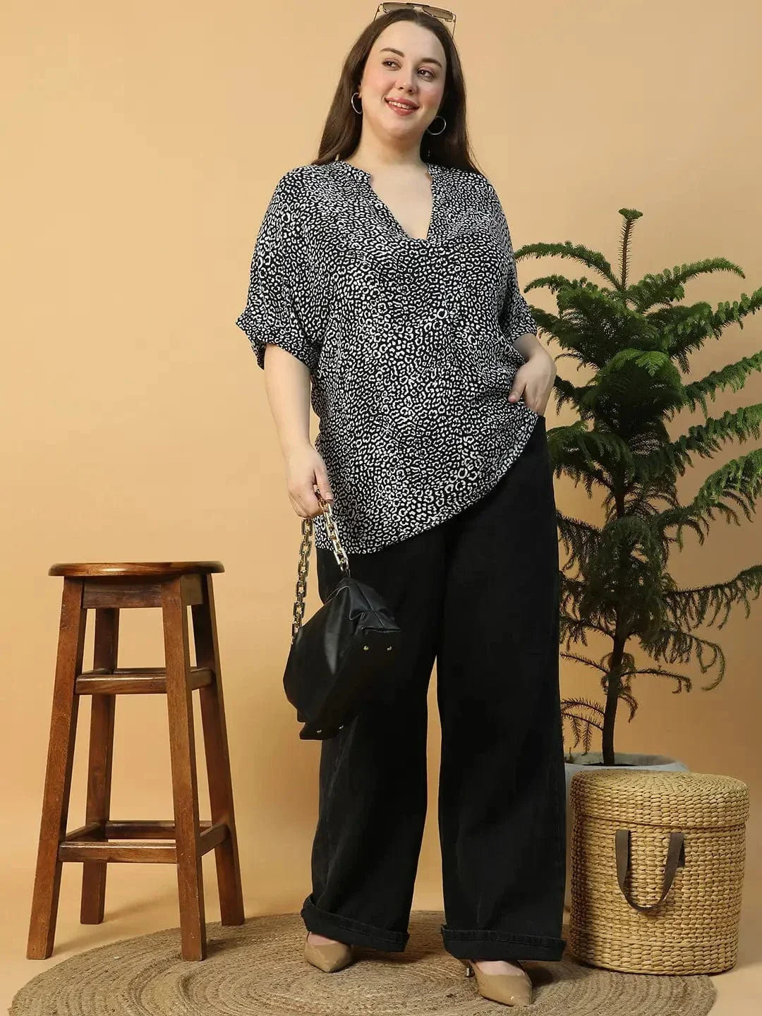 Plus Size Black Animal Print Top