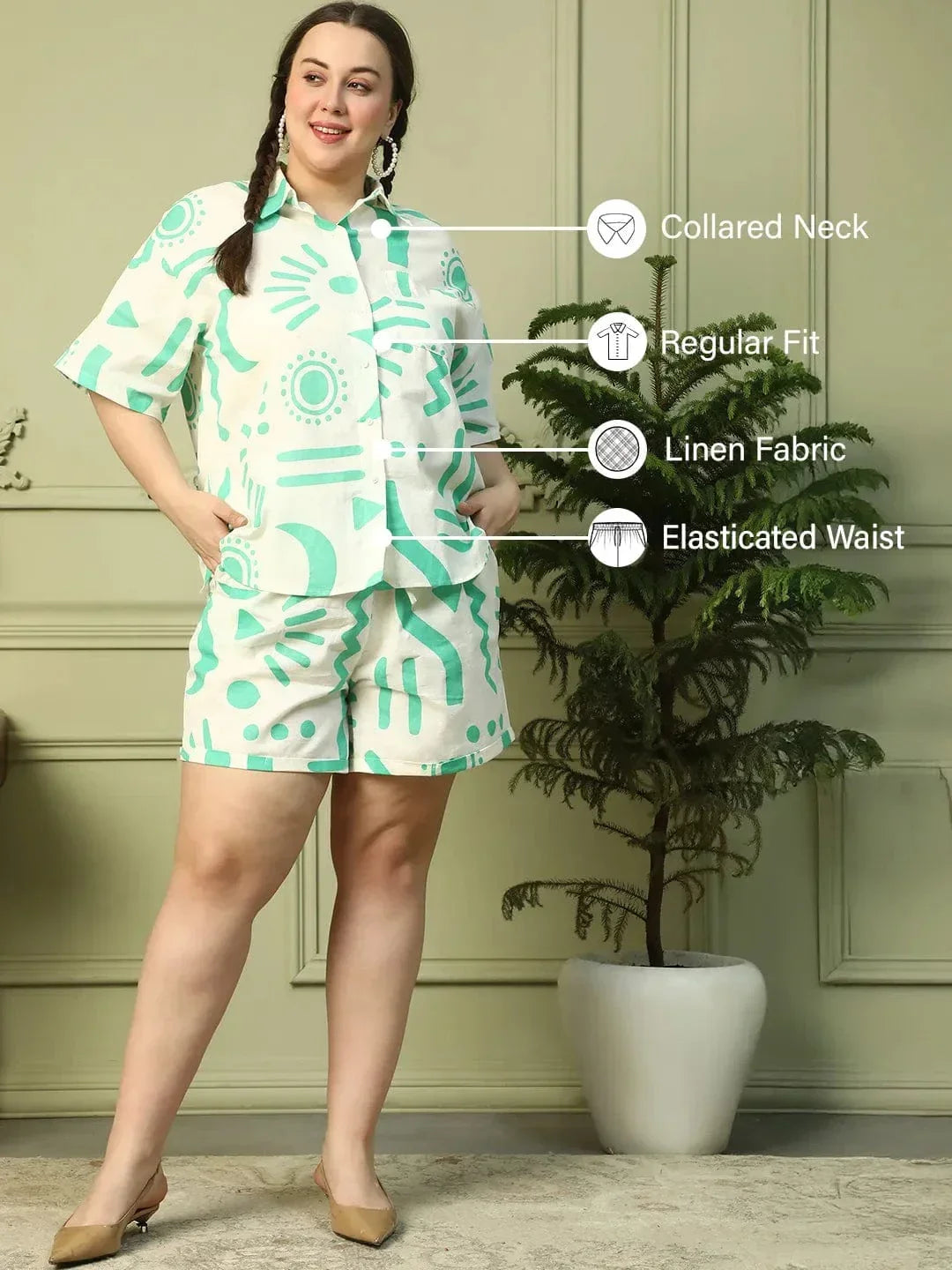 Frosted White Printed Shirt & Shorts Plus Size Cotton Co-ord Set - oxolloxo