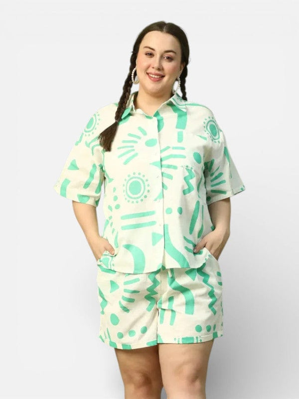 Plus Size White Printed Cotton Co-Ord Set