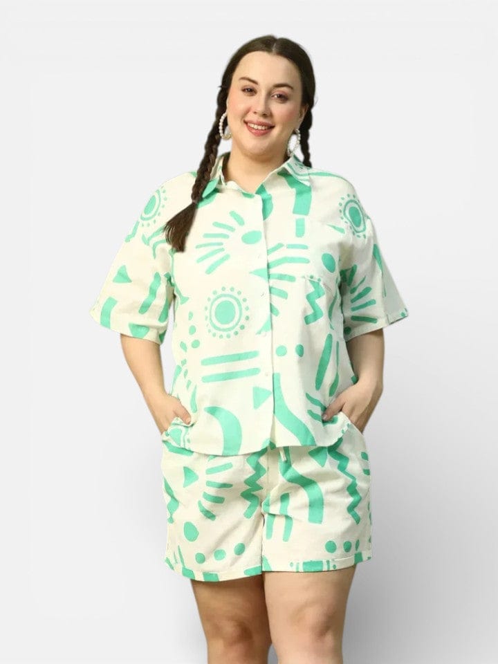Plus Size White Printed Cotton Co-Ord Set