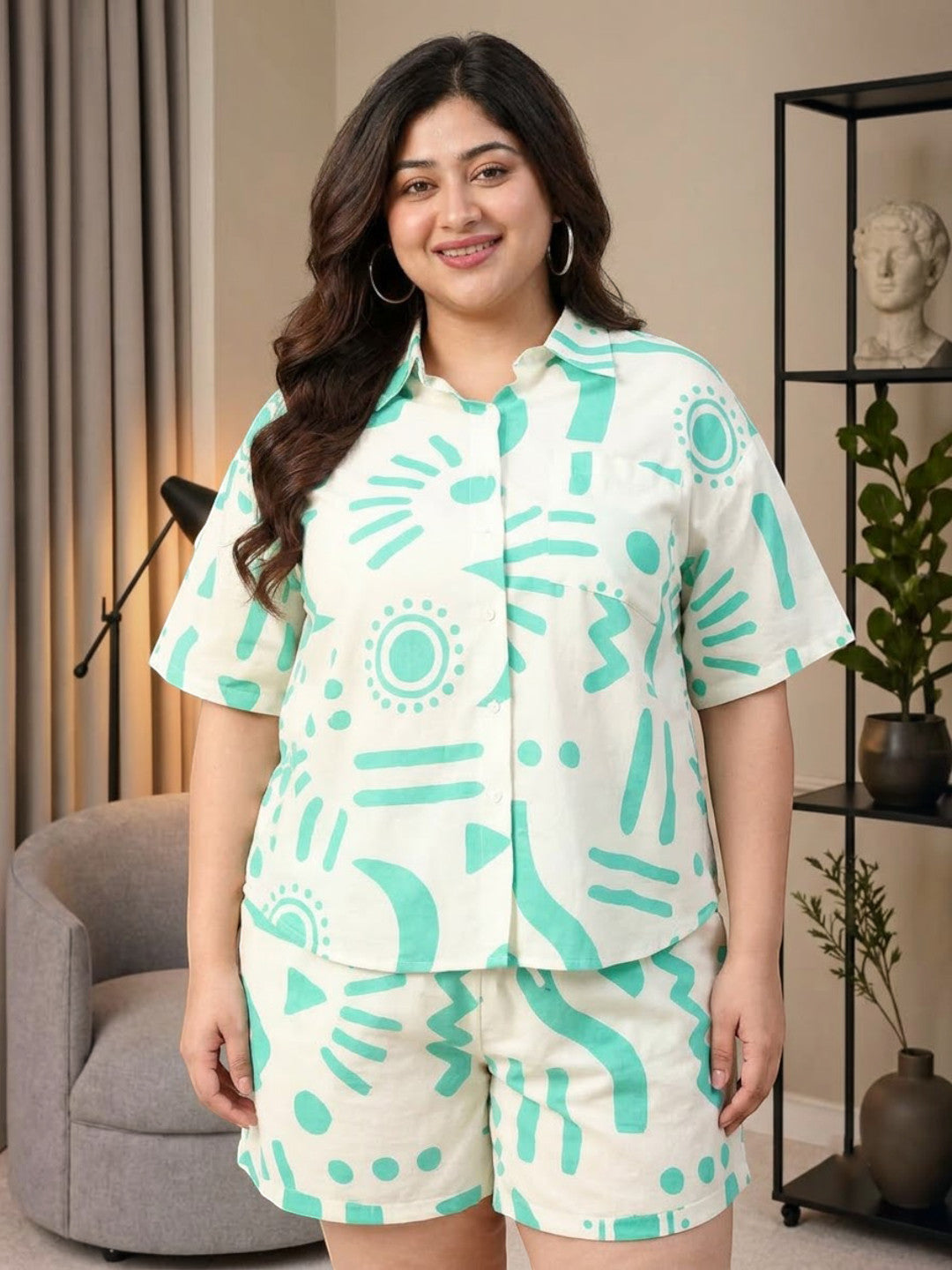 Plus Size White Printed Cotton Co-Ord Set