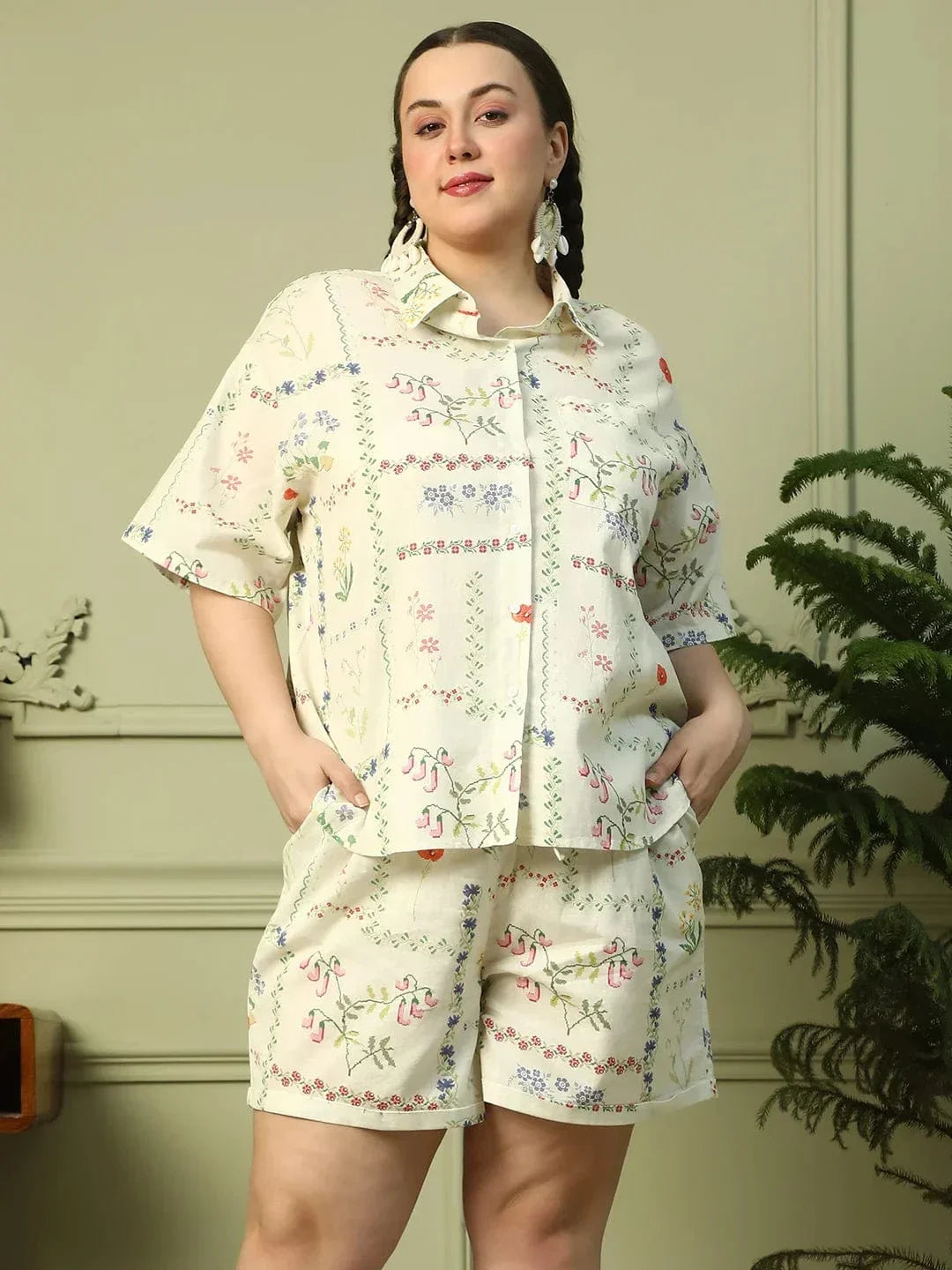 Sandy Breeze Beige Printed Shirt & Shorts Plus Size Cotton Co-ord Set - oxolloxo