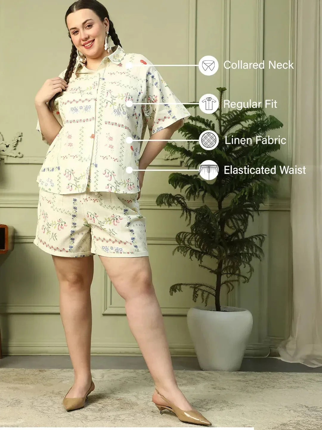 Sandy Breeze Beige Printed Shirt & Shorts Plus Size Cotton Co-ord Set - oxolloxo