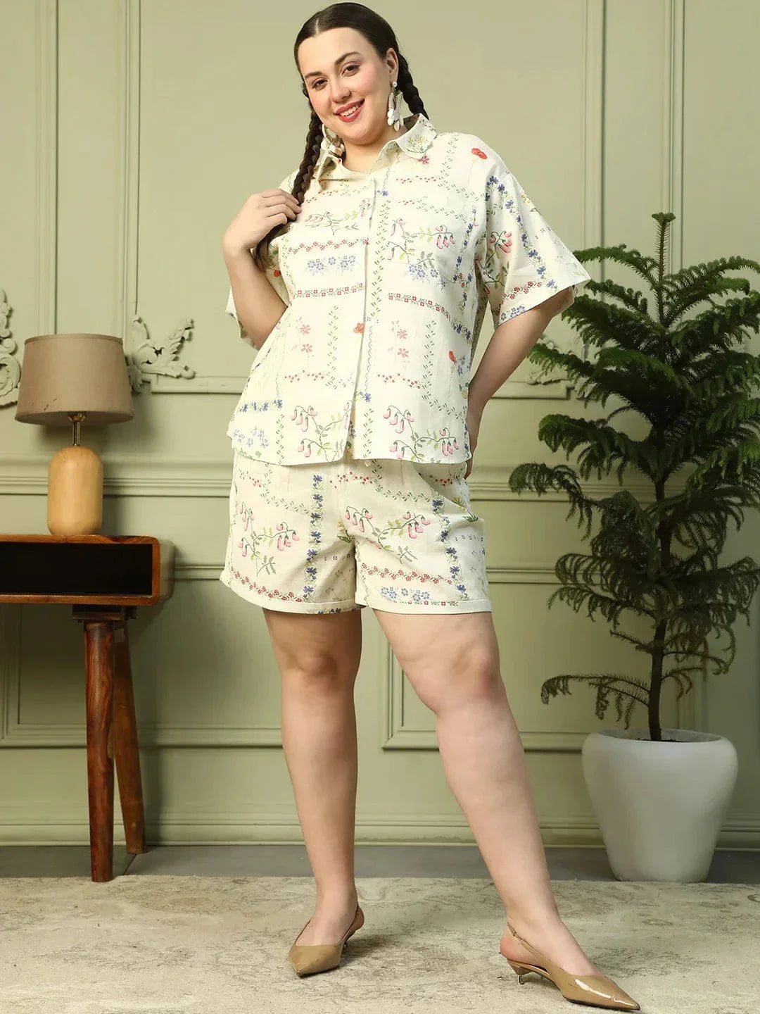 Sandy Breeze Beige Printed Shirt & Shorts Plus Size Cotton Co-ord Set - oxolloxo