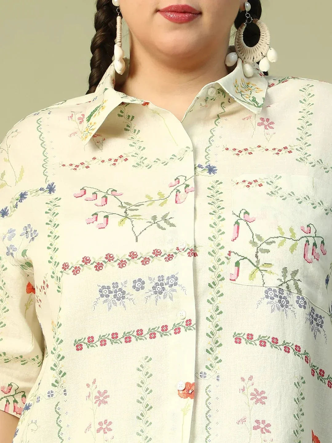 Sandy Breeze Beige Printed Shirt & Shorts Plus Size Cotton Co-ord Set - oxolloxo