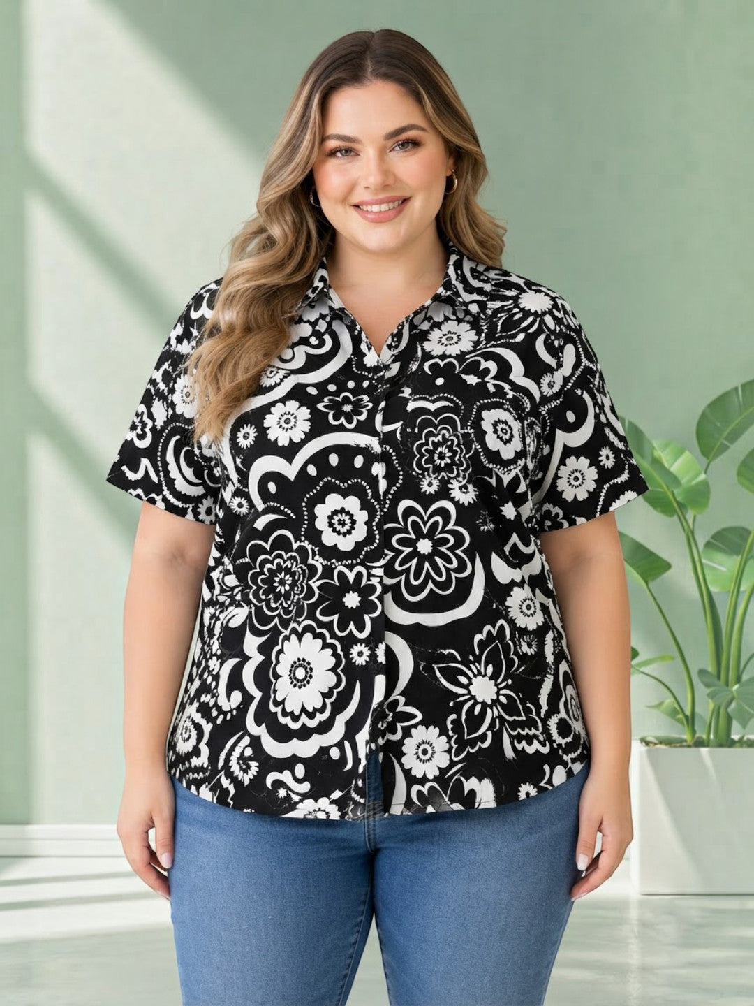 Black Floral Print Plus Size Women Cotton Shirt