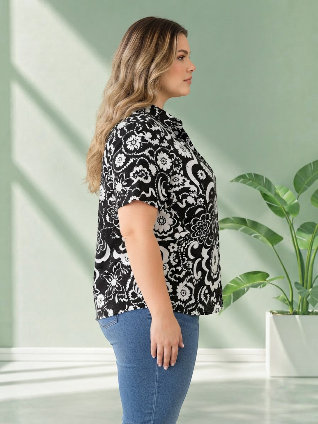 Black Floral Print Plus Size Women Cotton Shirt