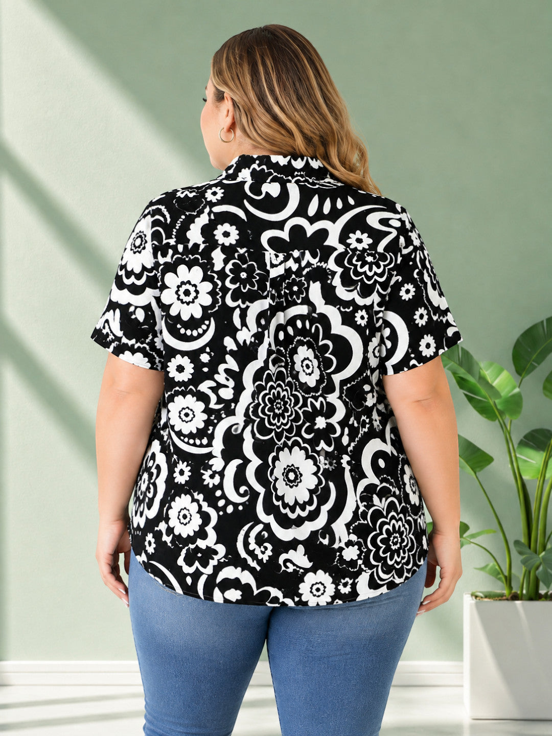Black Floral Print Plus Size Women Cotton Shirt