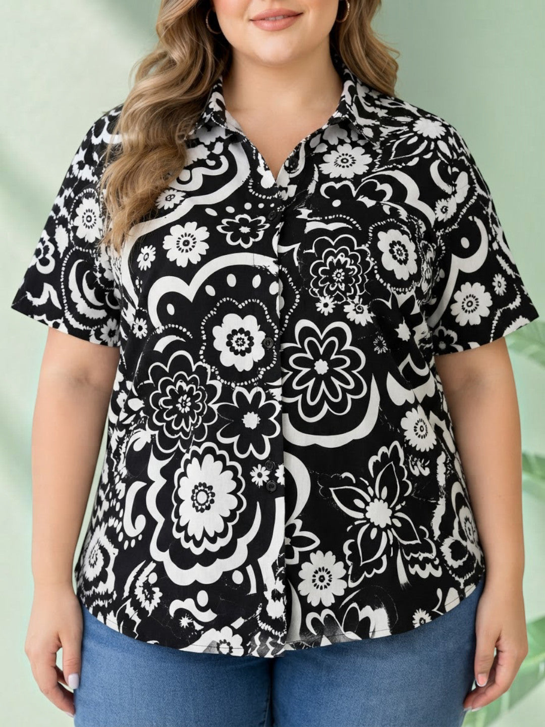 Black Floral Print Plus Size Women Cotton Shirt