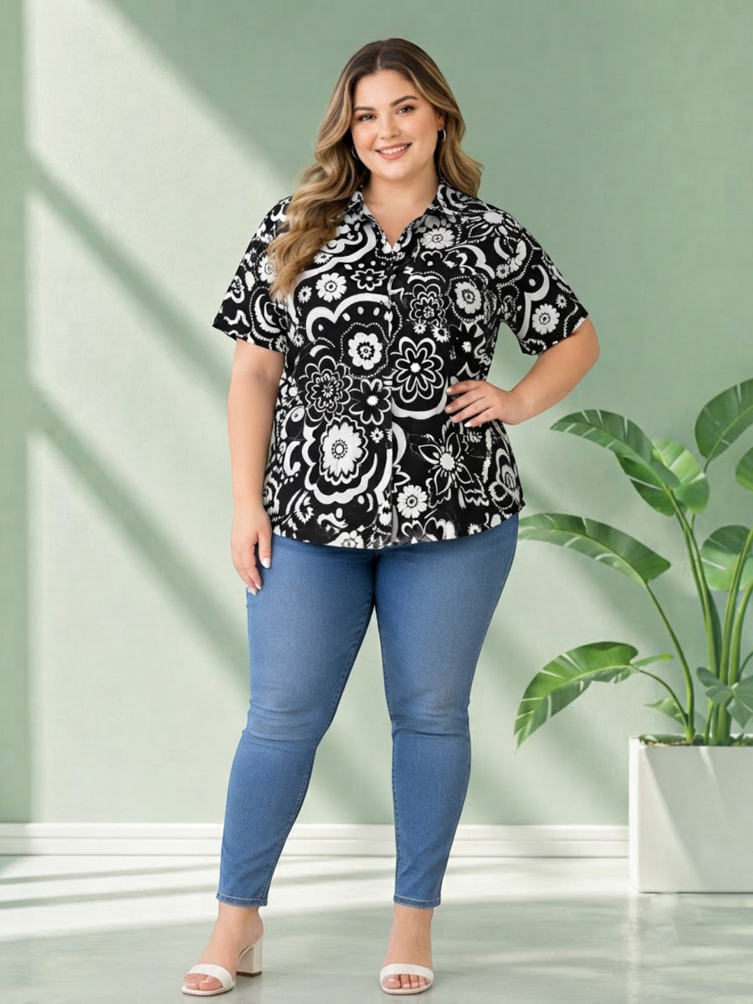 Black Floral Print Plus Size Women Cotton Shirt