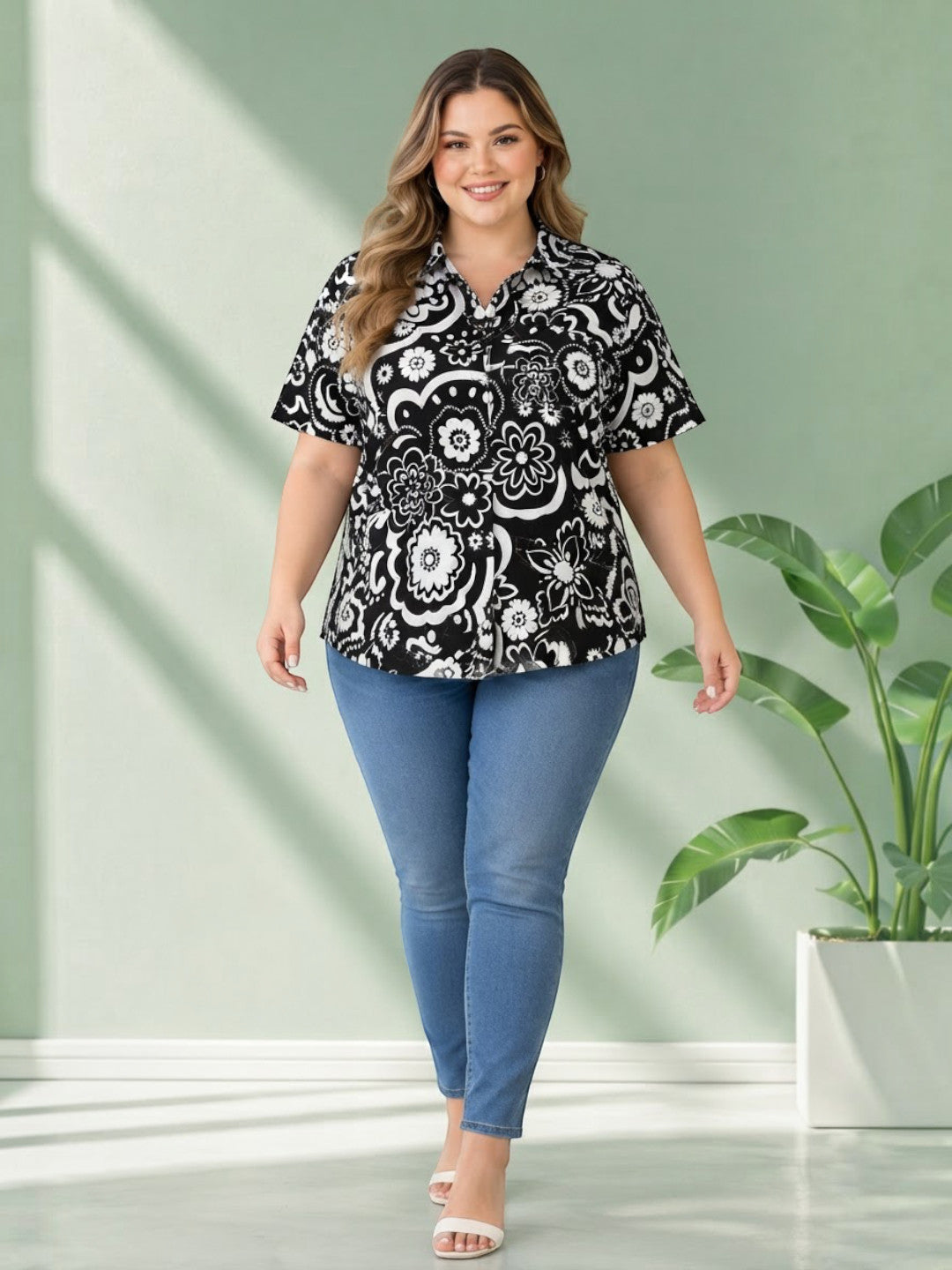Black Floral Print Plus Size Women Cotton Shirt