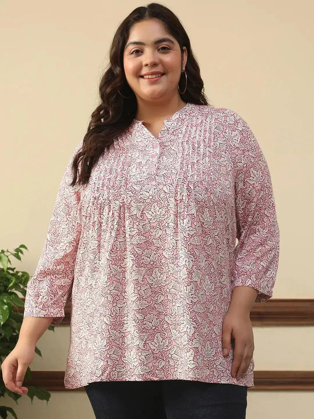 Majestic Pink Floral Rayon Print Plus Size Women Top With Button Front, Pleated Details, And Long Sleeves. - oxolloxo