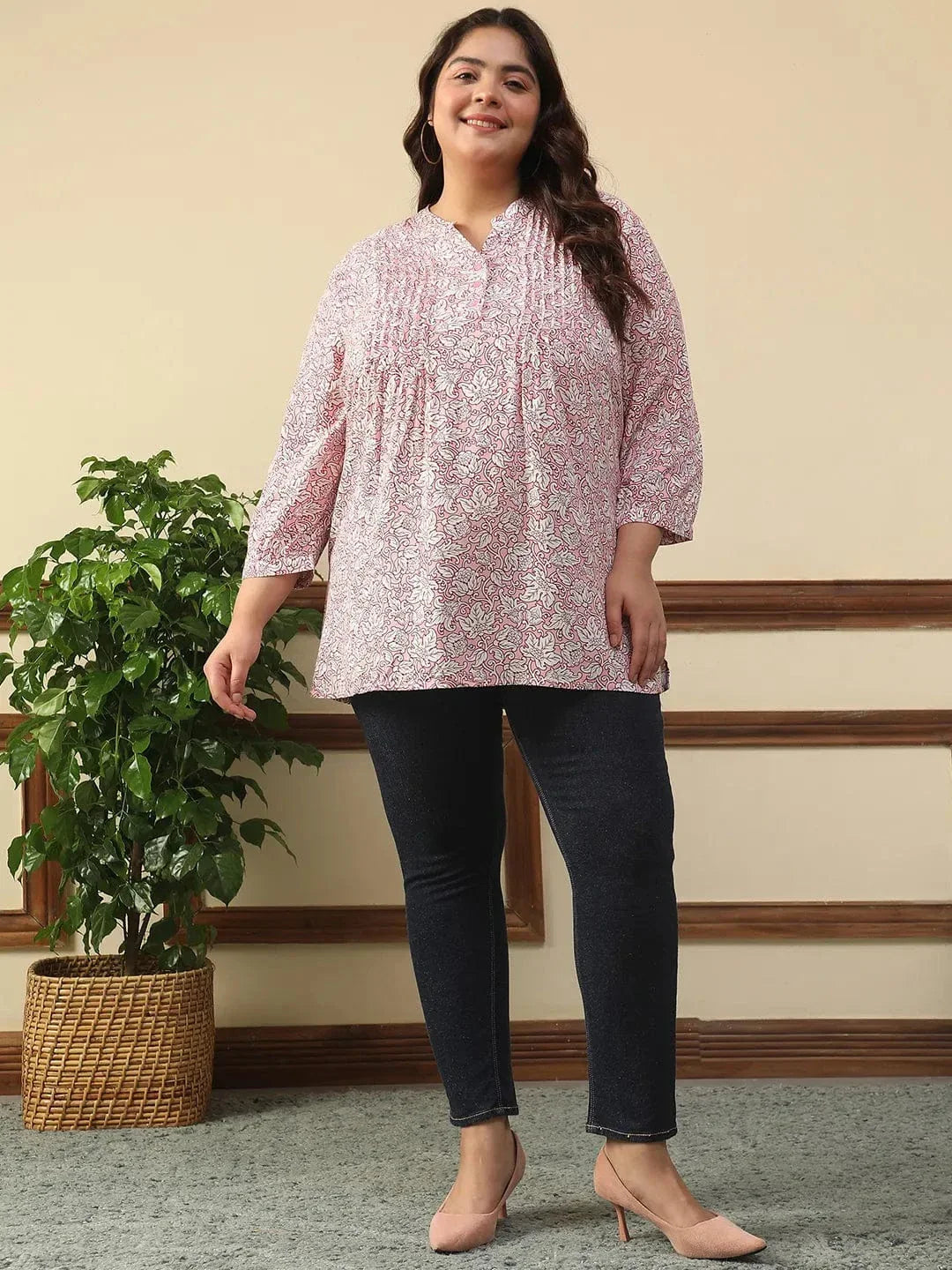 Majestic Pink Floral Rayon Print Plus Size Women Top With Button Front, Pleated Details, And Long Sleeves. - oxolloxo
