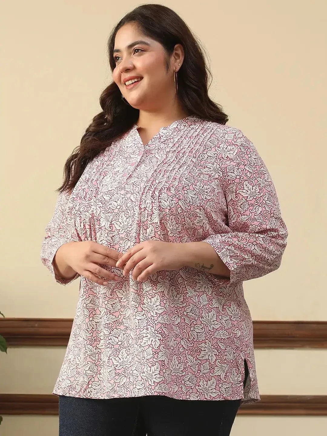 Majestic Pink Floral Rayon Print Plus Size Women Top With Button Front, Pleated Details, And Long Sleeves. - oxolloxo