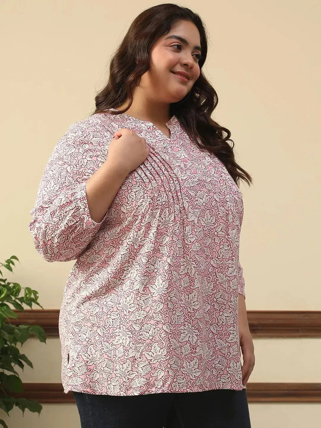 Majestic Pink Floral Rayon Print Plus Size Women Top With Button Front, Pleated Details, And Long Sleeves. - oxolloxo