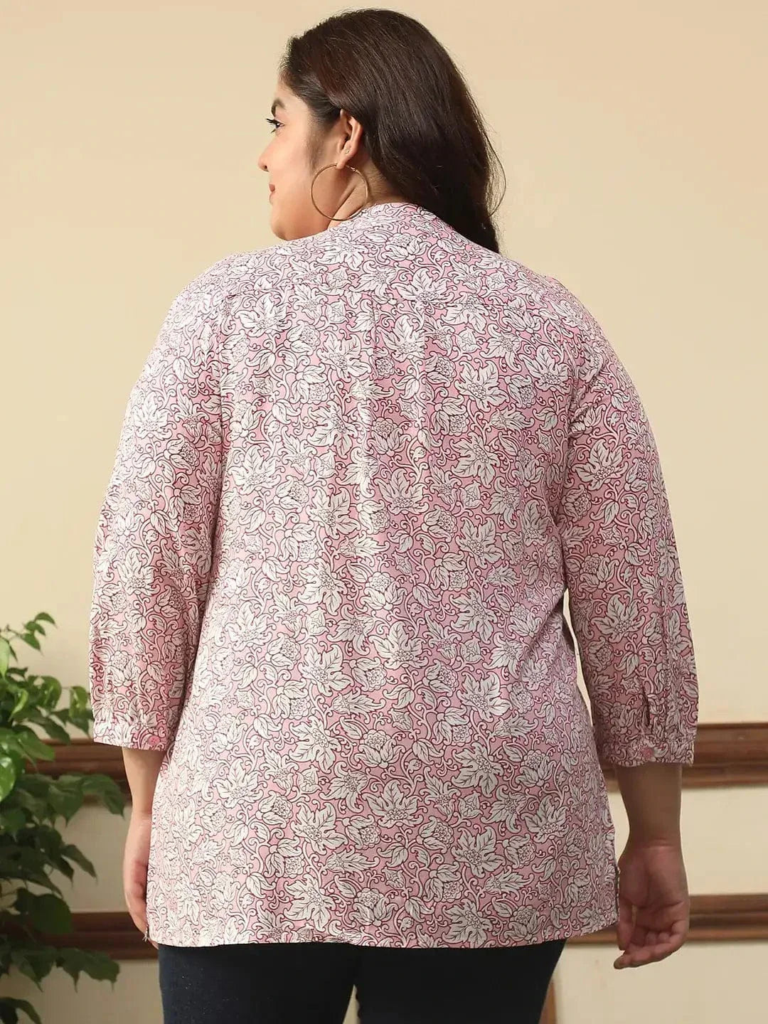 Majestic Pink Floral Rayon Print Plus Size Women Top With Button Front, Pleated Details, And Long Sleeves. - oxolloxo