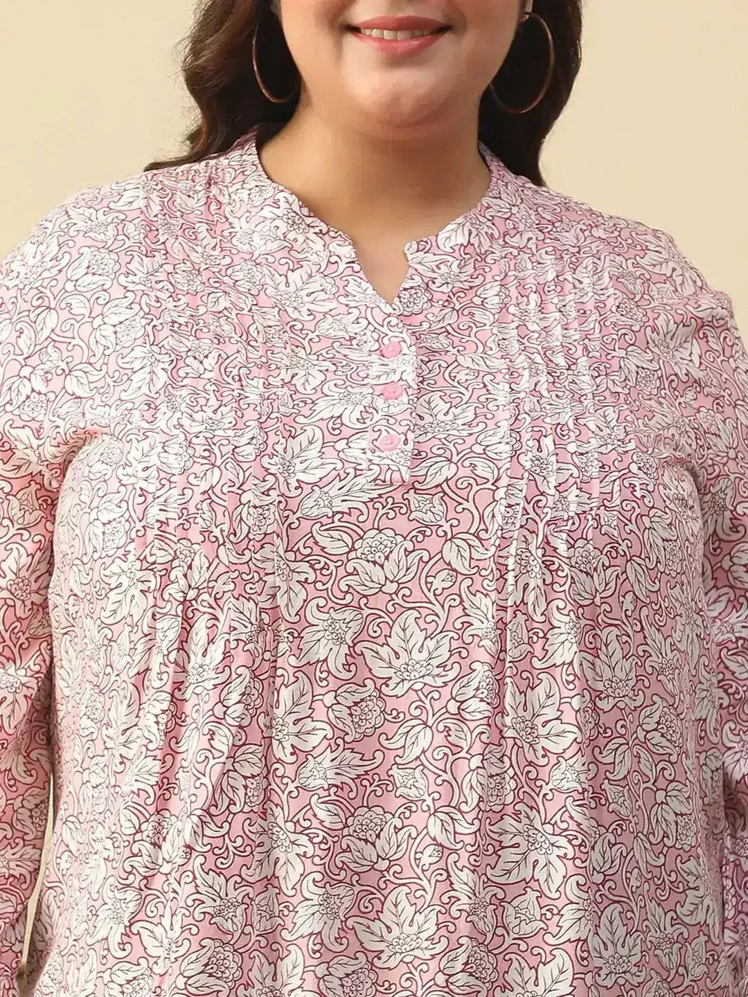 Majestic Pink Floral Rayon Print Plus Size Women Top With Button Front, Pleated Details, And Long Sleeves. - oxolloxo