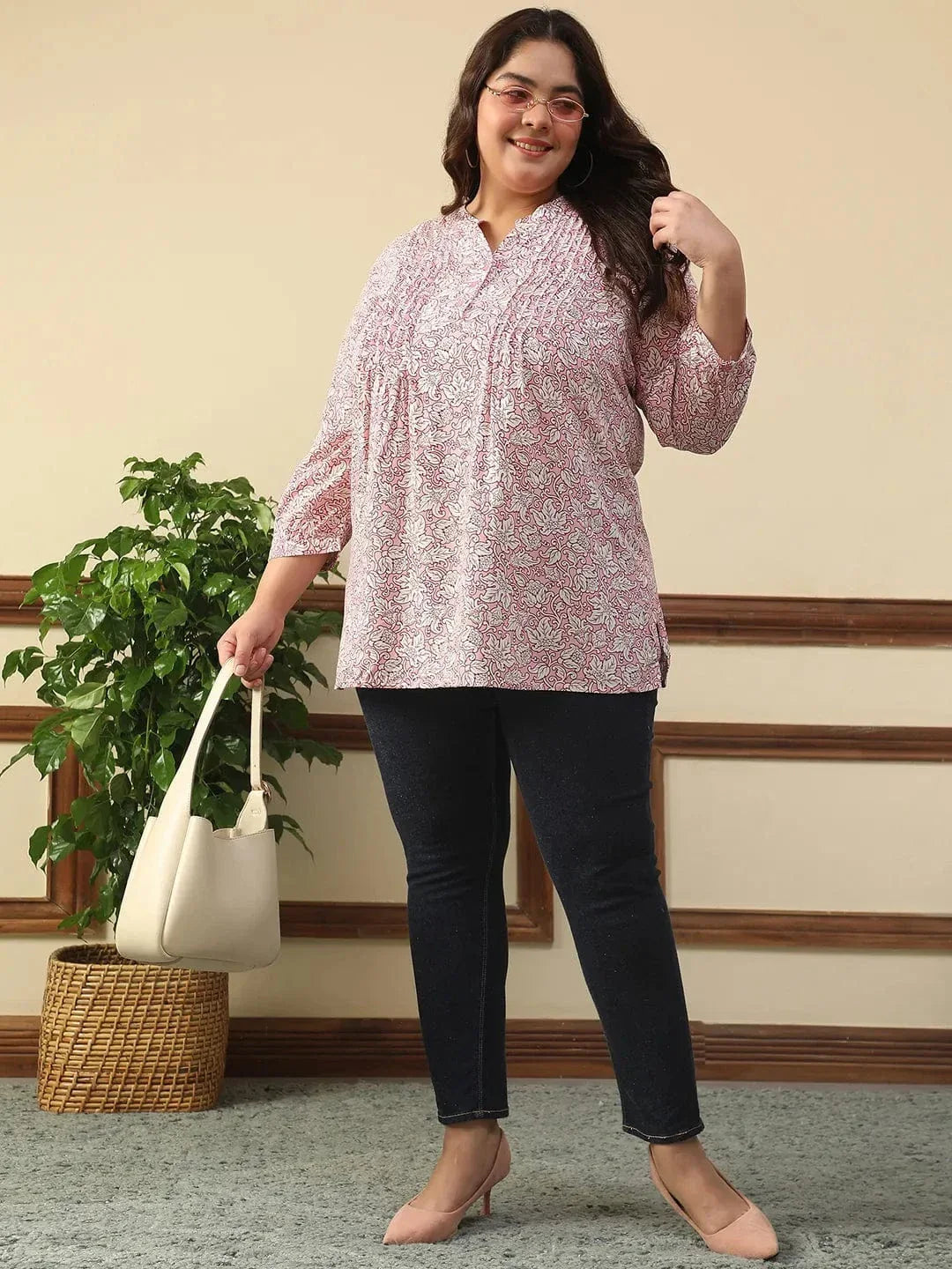 Majestic Pink Floral Rayon Print Plus Size Women Top With Button Front, Pleated Details, And Long Sleeves. - oxolloxo