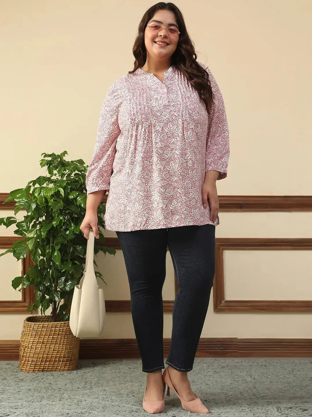 Majestic Pink Floral Rayon Print Plus Size Women Top With Button Front, Pleated Details, And Long Sleeves. - oxolloxo