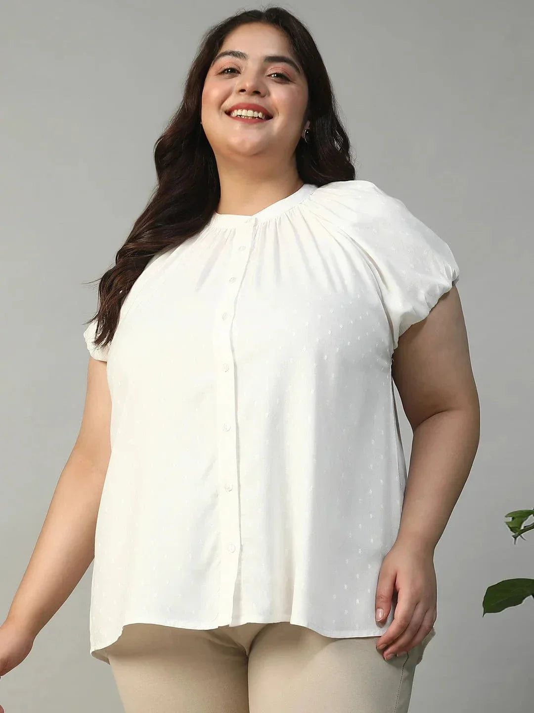Ravishing White Gather Detail Short Sleeve Button Down Rayon Swiss Dot Dobby Plus Size Women Shirt - oxolloxo