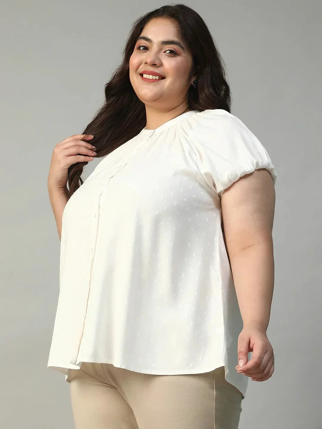 Ravishing White Gather Detail Short Sleeve Button Down Rayon Swiss Dot Dobby Plus Size Women Shirt - oxolloxo