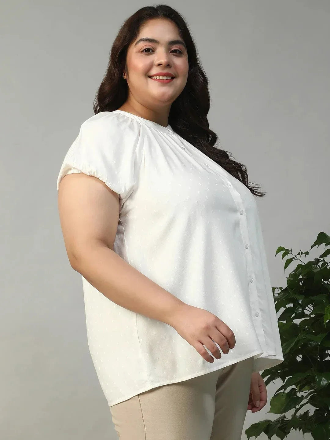 Ravishing White Gather Detail Short Sleeve Button Down Rayon Swiss Dot Dobby Plus Size Women Shirt - oxolloxo