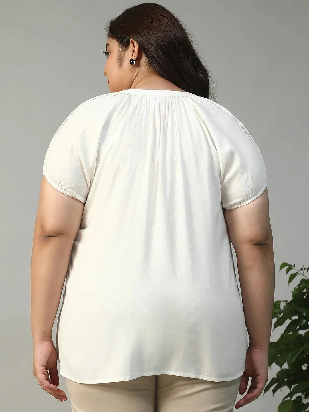 Ravishing White Gather Detail Short Sleeve Button Down Rayon Swiss Dot Dobby Plus Size Women Shirt - oxolloxo