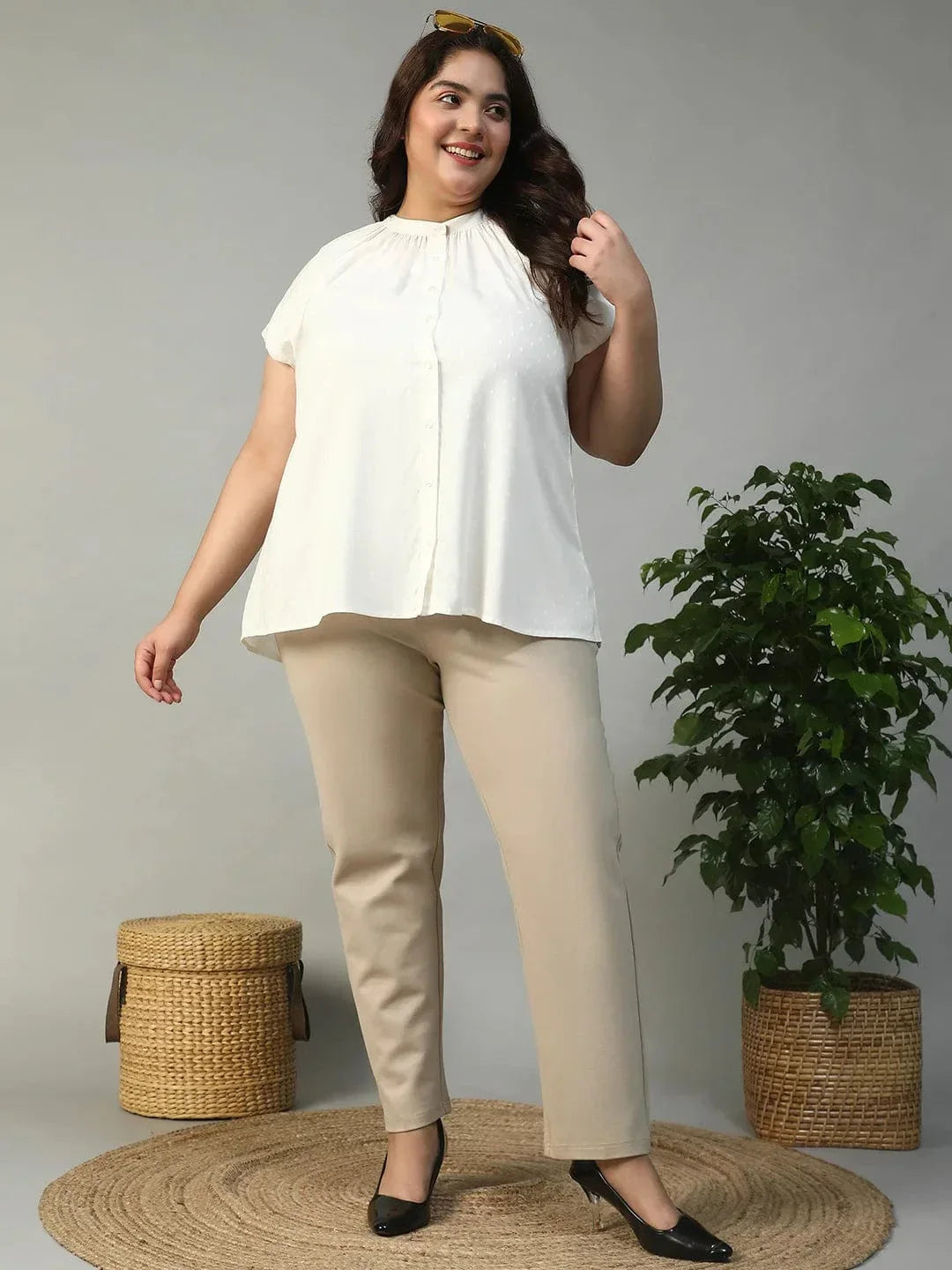 Ravishing White Gather Detail Short Sleeve Button Down Rayon Swiss Dot Dobby Plus Size Women Shirt - oxolloxo